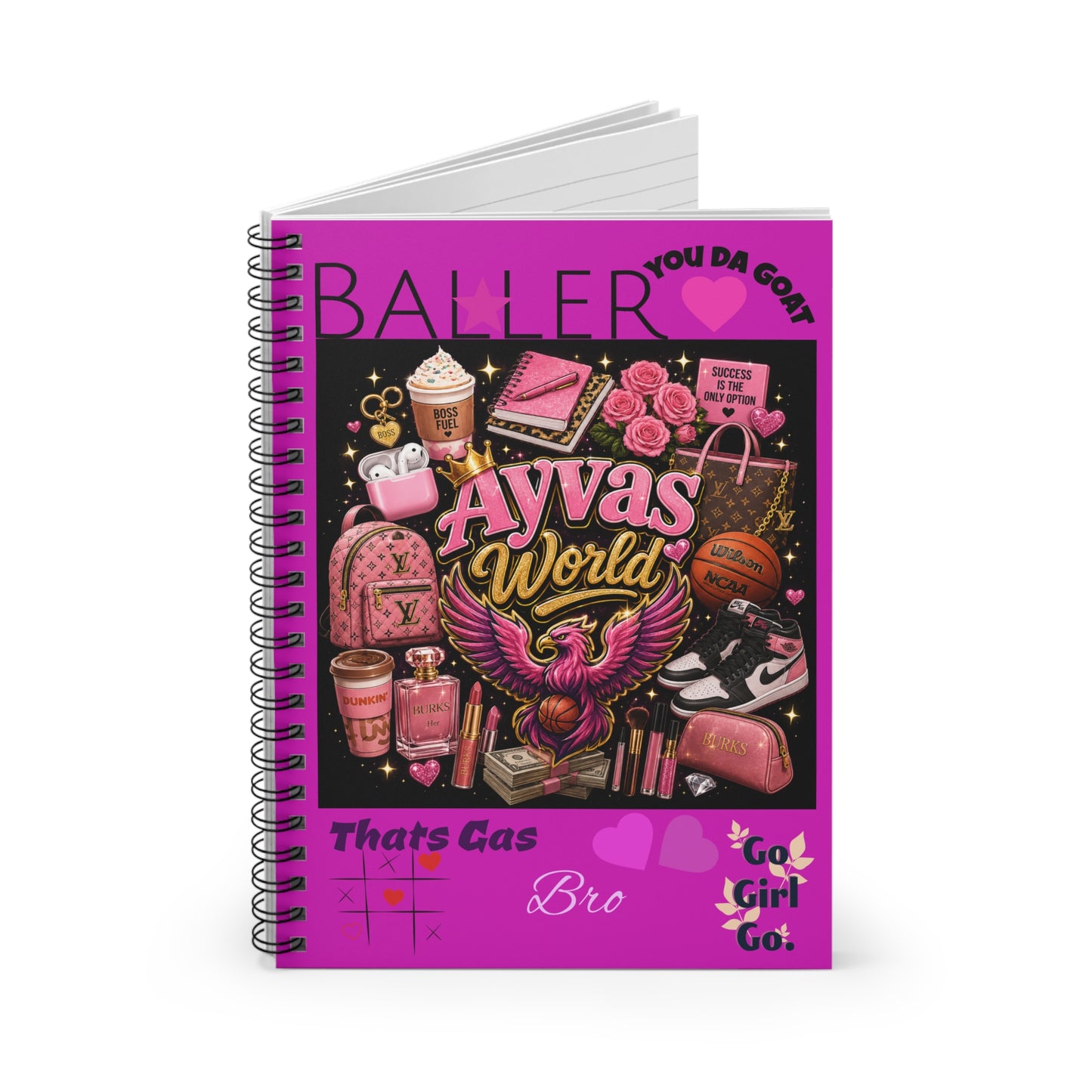 Pink 'Avva's World' Spiral Notebook — Ruled Journal for Girls, Baller Aesthetic